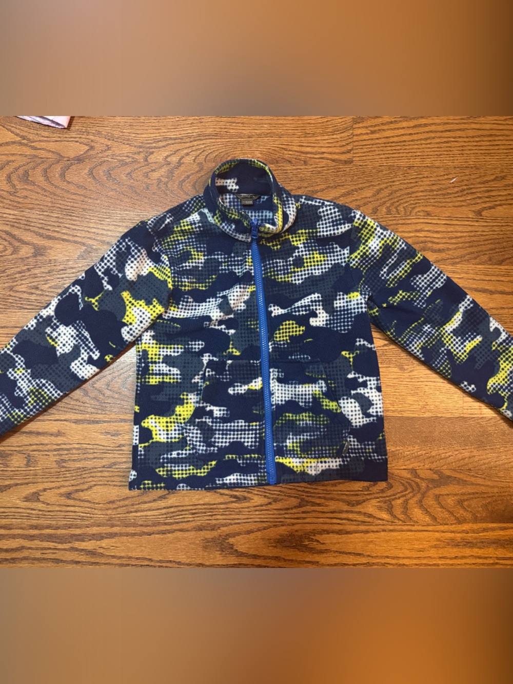 Eddie Bauer Navy Camo Zip Fleece Jacket with White & Neon Yellow Accents